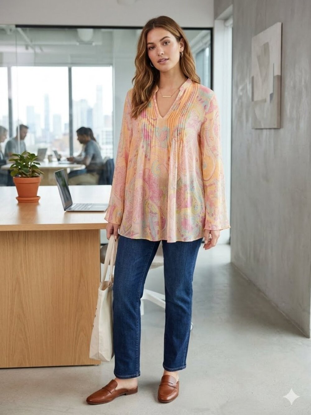 Lauren Ralph Lauren Women's Size Lg Paisley Print Silk Flare Long Sleeve Tunic